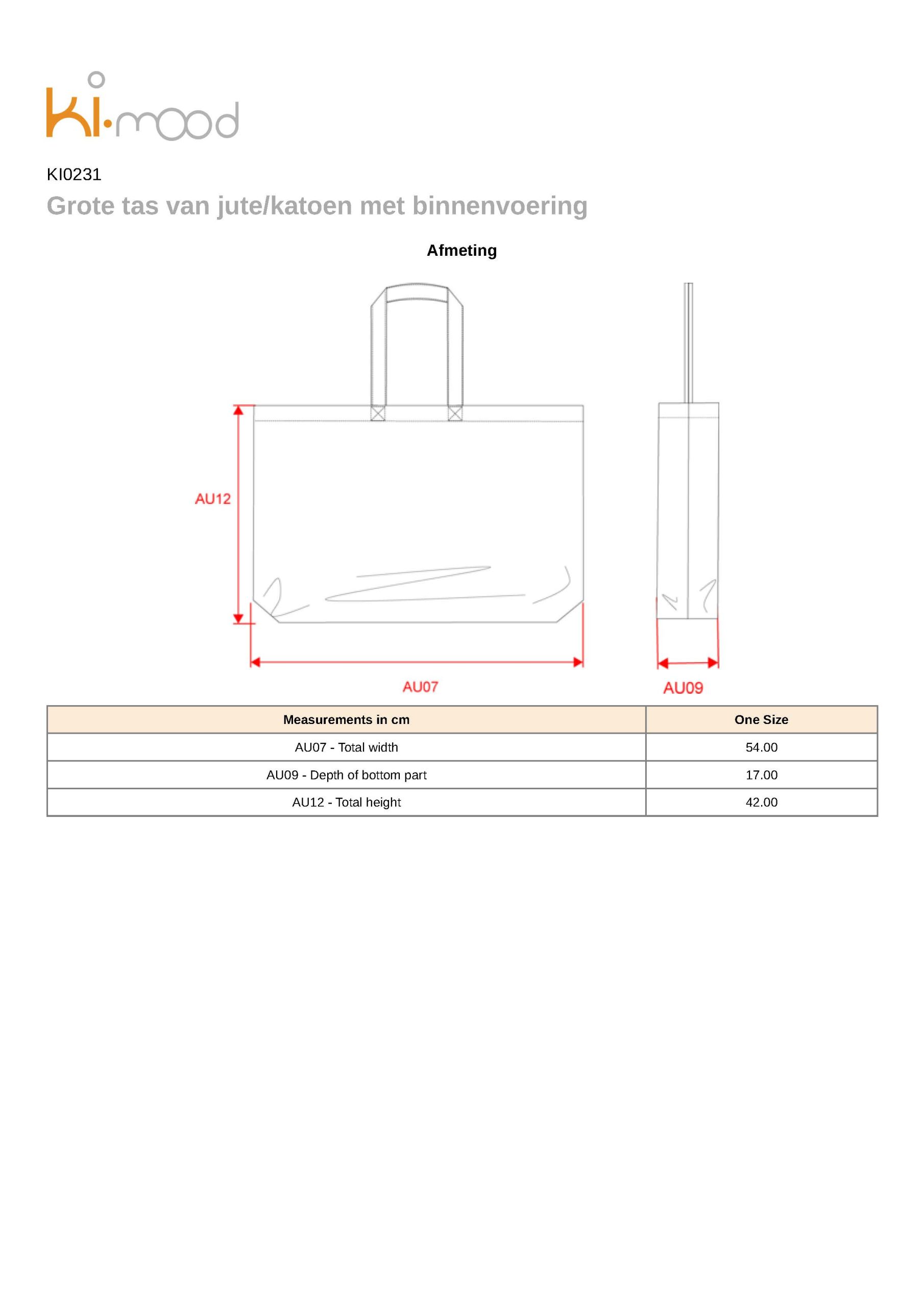Indoor Friesland jutte tas maattabel