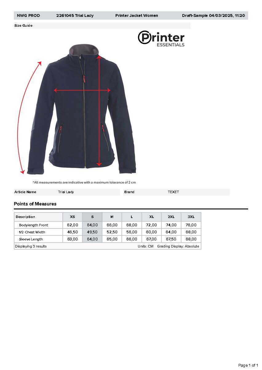 Indoor Friesland softshell dames maattabel