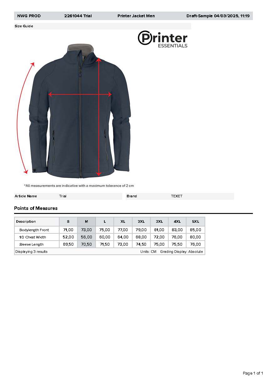 Indoor Friesland softshell heren maattabel